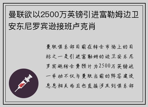 曼联欲以2500万英镑引进富勒姆边卫安东尼罗宾逊接班卢克肖