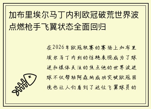 加布里埃尔马丁内利欧冠破荒世界波点燃枪手飞翼状态全面回归
